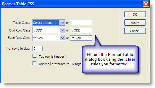 format table dialog box screen shot